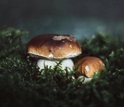 Two boletus on a dark background in the moss. Edible mushroom boletus edulis, Stock Photos