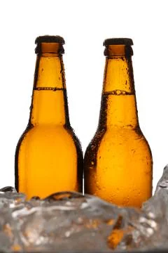 Two bottles of cider in ice cubes. Close up. White background Stock Photos