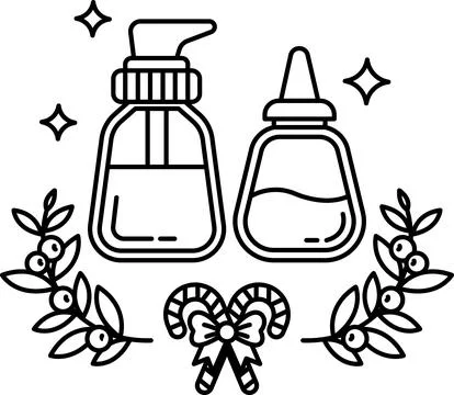 Two bottles of lotion are shown with a wreath of leaves and a candy cane Stock Illustration