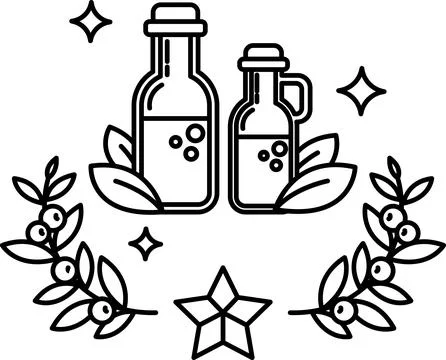 Two bottles of olive oil are surrounded by leaves and stars Illustrazione stock