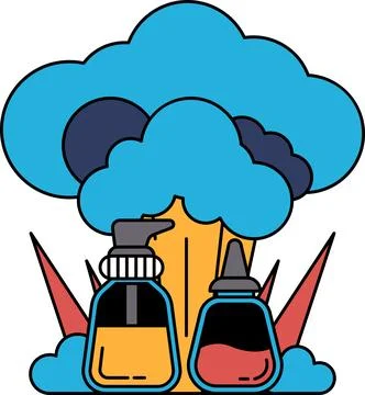 Two bottles of soap are shown in a field with a cloudy sky in the background Stock Illustration