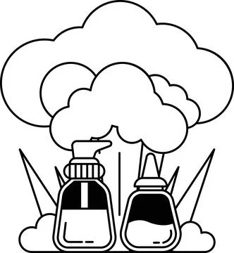 Two bottles of soap are shown in a field with a cloudy sky in the background Stock Illustration