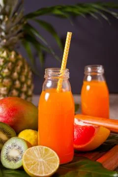Two bottles of tropical exotic multifruit juice under a palm leaves with frui Stock Photos