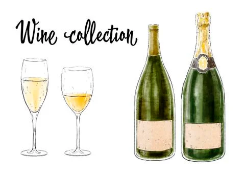 Two bottles of wine with two glasses isolated on white background.  Stock Illustration