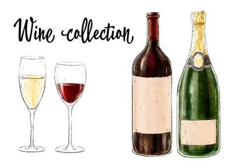 Two bottles of wine with two glasses isolated on white background.  Stock Illustration