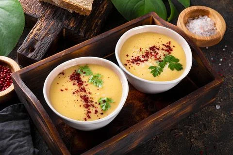 Two bowls of split pea puree soup on the table Stock Photos