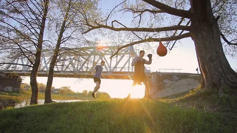 Two boxer training on outdoors,sunset Stock Footage 76080627