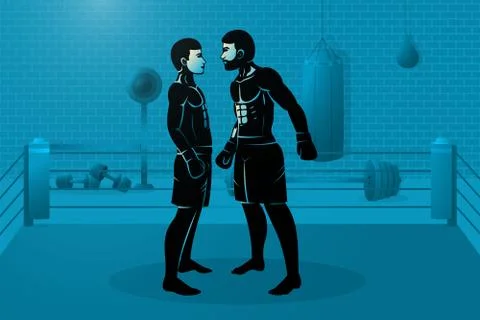Two boxers are standing in the ring. Big fighter threatens little guy vector Stock Illustration