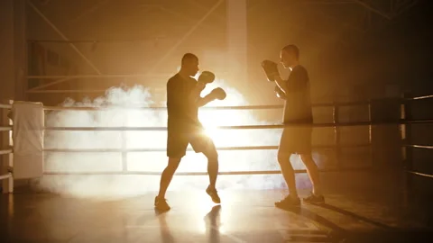 Two boxers sparring in ring with dramatic backlight and smoke Stock Footage 308485280