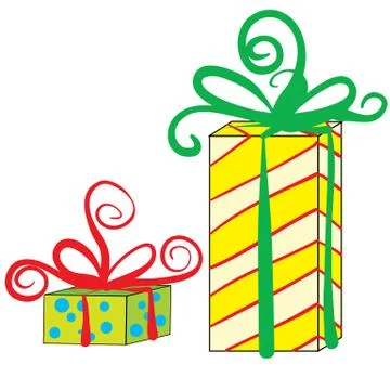 Two boxes with red green ribbons, boxes with stripes, isolated object on a white イラスト素材