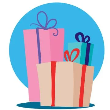 Two boxes with red green ribbons, boxes with stripes, isolated object on a white Illustrazione stock