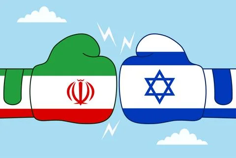Two boxing gloves clashing face to face, one Israeli flag and other Irani flag Illustrazione stock