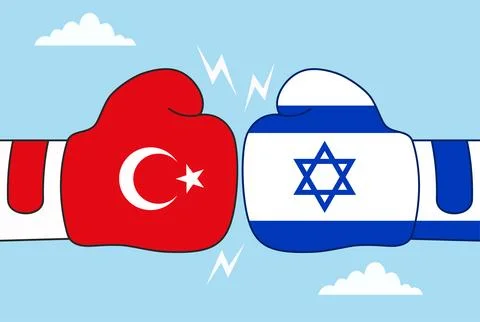 Two boxing gloves clashing face to face, one Israeli flag and other turkey flag Stock Illustration