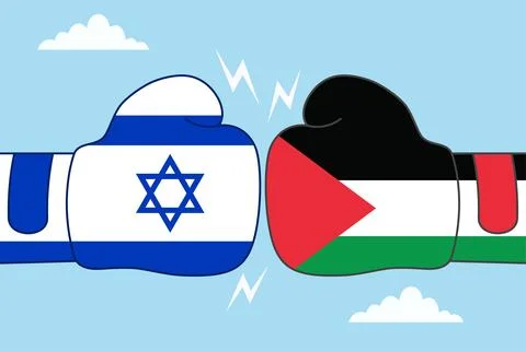 Two boxing gloves clashing, one Israeli flag and other Palestinian flag Stock Illustration