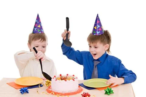 Two boy with cake Stock Photos