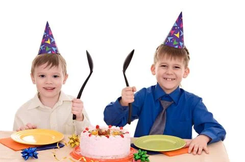 Two boy with cake Stock Photos