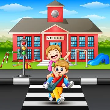 Two boy crossing the road Stock Illustration