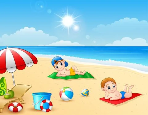 Two boy sunbathing on the beach mat Stock Illustration