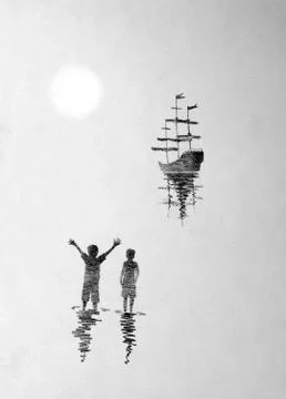 Two boys and a ship Stock Illustration
