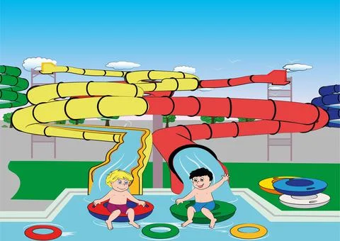 Two boys are having fun at the aquapark Stock Illustration