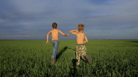 Two boys are playing catch-up in green field Stock Footage 51719151