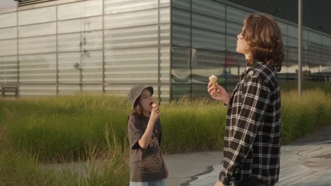 Two boys are standing, talking and eating ice cream in a city park in the summer Stock Footage 299545012