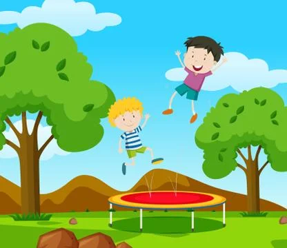 Two boys bouncing on trampoline in the park Stock Illustration