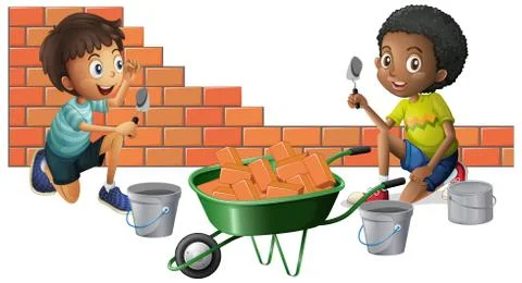 Two boys building bricks together Illustrazione stock