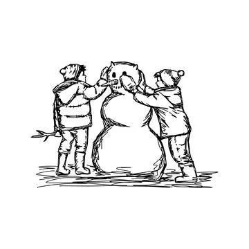 Two boys building a snowman vector illustration sketch hand drawn with black Stock Illustration