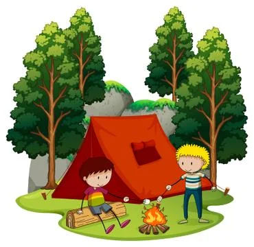 Two boys camping in the forest Stock Illustration
