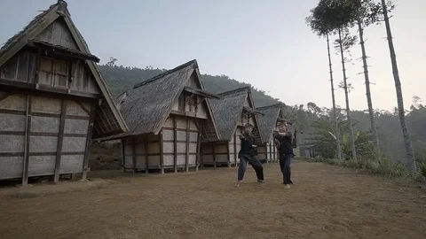 Two boys doing Pencak Silat, traditional martial arts from Indonesia in Stock Footage 117592798