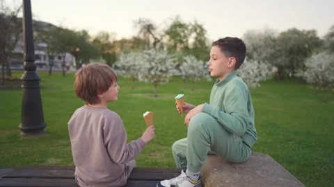 Two boys eating ice cream in public park in spring Stock Footage 154259144