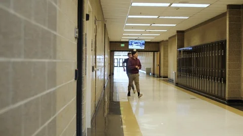 Two boys exiting school class into school hall and smiling Stock-Footage 121164055