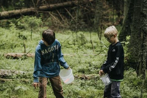 Two boys explore the forest, one handing a small object to the other as they Foto stock