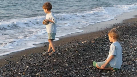 Two boys explore the shoreline together, one standing and one seated watching Stock Footage 318294257