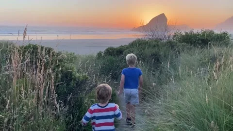 Two Boys Exploring Oregon Coast Beach at Sunset Vídeos de archivo 201713728