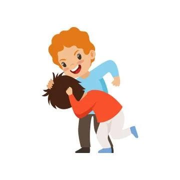 Two boys fighting, bad behavior, conflict between kids, mockery and bullying at Stock Illustration
