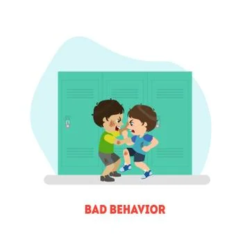 Two Boys Fighting, Bad Behavior Banner Template, Conflict Between Kids Vector 스톡 일러스트