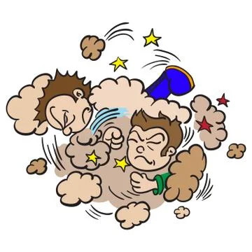 Two boys fighting in a cloud of dust Stock Illustration