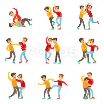 Two Boys Fist Fight Positions, Aggressive Bully In Long Sleeve Red Top Fighting Stock Illustration