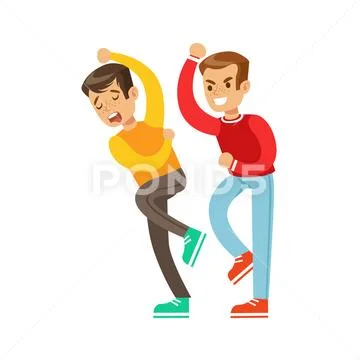 Two Boys Fist Fight Positions, Aggressive Bully In Long Sleeve Red Top Fighting Stock Illustration