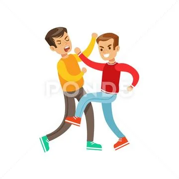Two Boys Fist Fight Positions, Aggressive Bully In Long Sleeve Red Top Fighting Stock Illustration