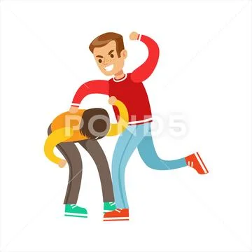 Two Boys Fist Fight Positions, Aggressive Bully In Long Sleeve Red Top Fighting Stock Illustration