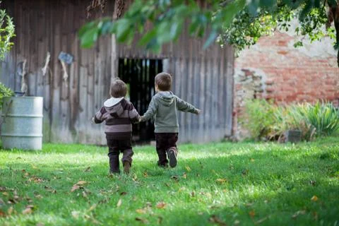 Two boys in a garden Stock Photos