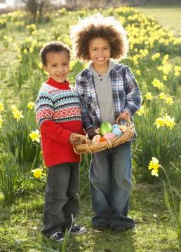 Two boys having easter egg hunt in daffodil field Stock Photos