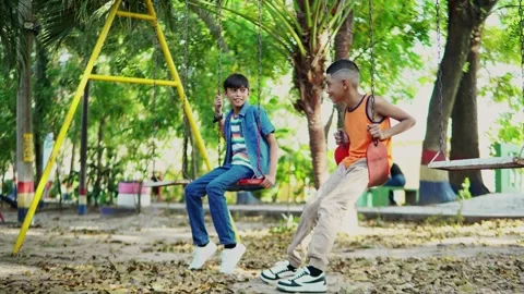 Two boys having fun on a swing in a park Stock Footage 312690693