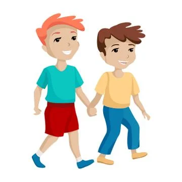 Two boys holding hands. Vector cartoon illustration Stock Illustration