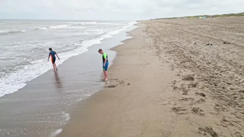 Two boys, joyfully playing in the sea, waves splashing on the shoreline 動画素材 245931970