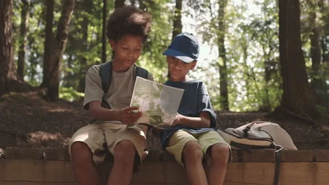 Two Boys Looking at Map on Camping Trip Stock Footage 159446163