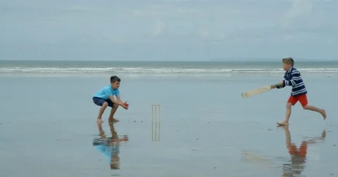 Two Boys Playing Cricket on the Beach. Vídeo Stock 79798777